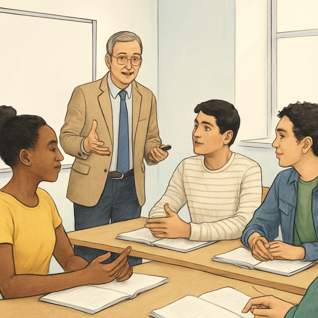 A classroom with diverse international students and a professor engaging in discussion. International students in an affordable university classroom.