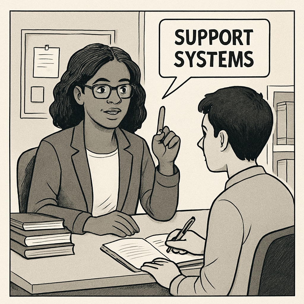 A high school counselor providing college readiness advice to a student, emphasizing the importance of support systems in education. A counselor discussing college preparation with a student, illustrating robust support systems in schools.