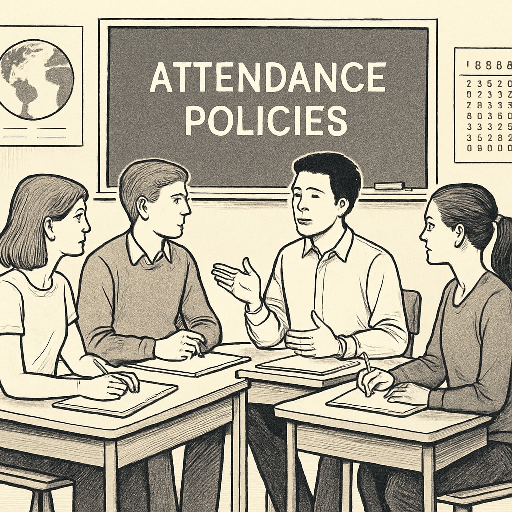 A group of students discussing attendance policies in a school setting. Students discussing attendance policies and truancy penalties in school.