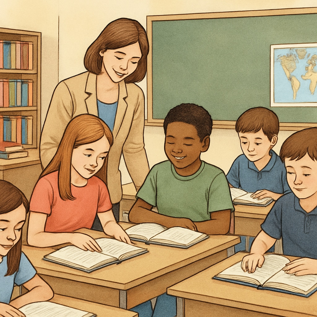 A visually appealing image of a classroom setting where a teacher is guiding students in reading activities. Fifth-grade ELA module optimization with teacher-led reading activity.