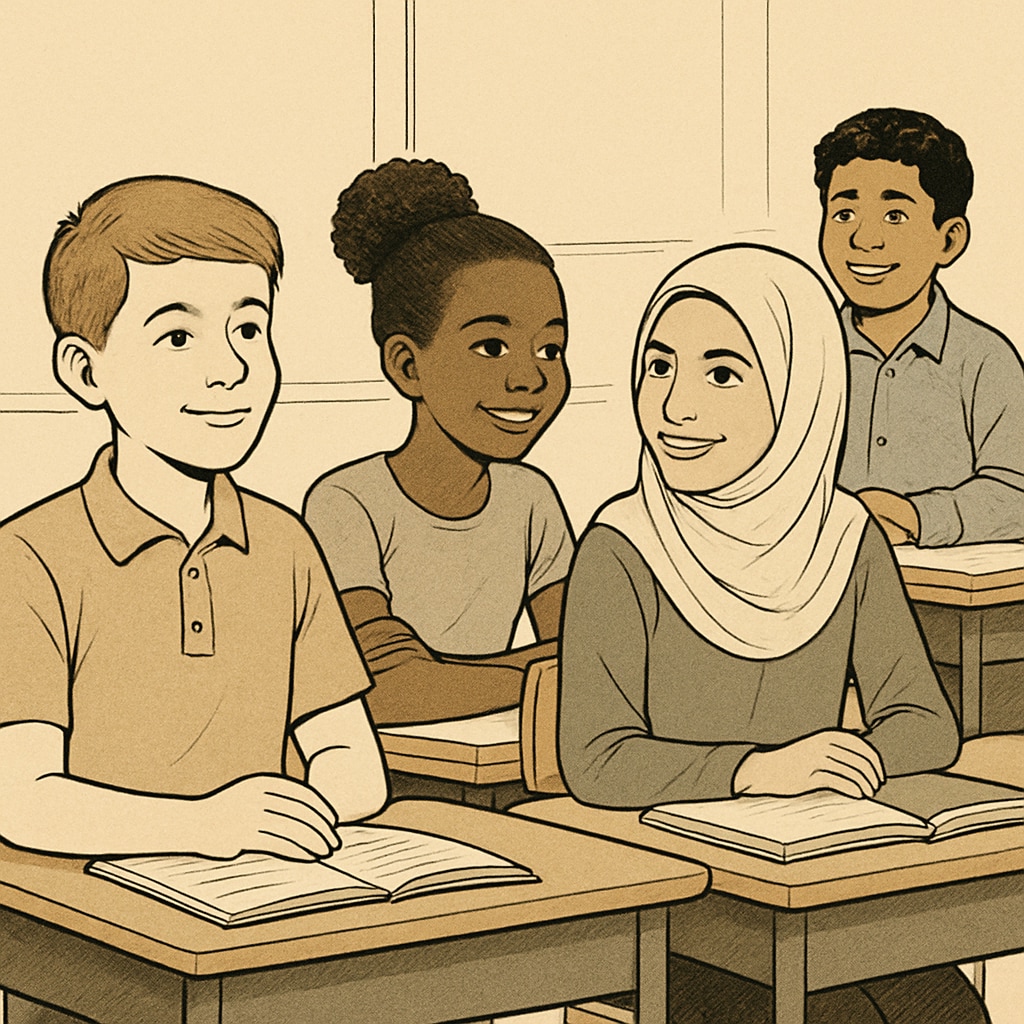 A diverse group of students in a classroom, representing inclusion and respect for different family values. Diverse students in a classroom, illustrating respect for family values.