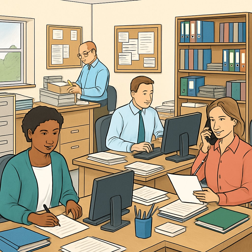 School office staff managing administrative tasks during a typical workday.
