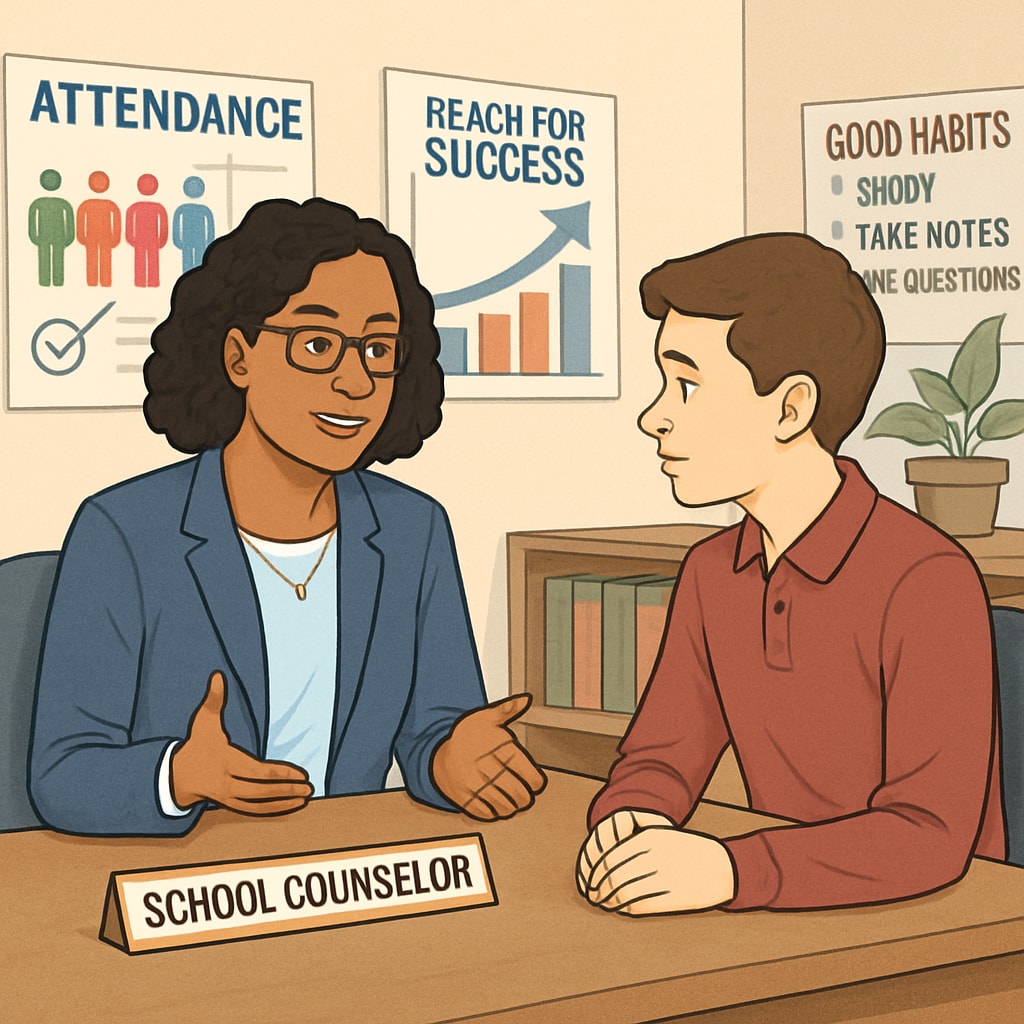 A school counselor talking with a student about attendance issues. School counselor guiding a student regarding attendance concerns.