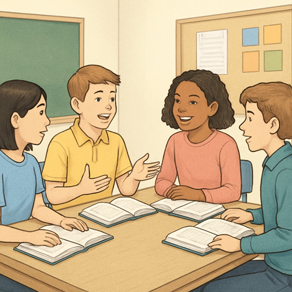 An image depicting students in a group discussion during a literature circle activity. Students engaged in literature circle activity for ELA module.