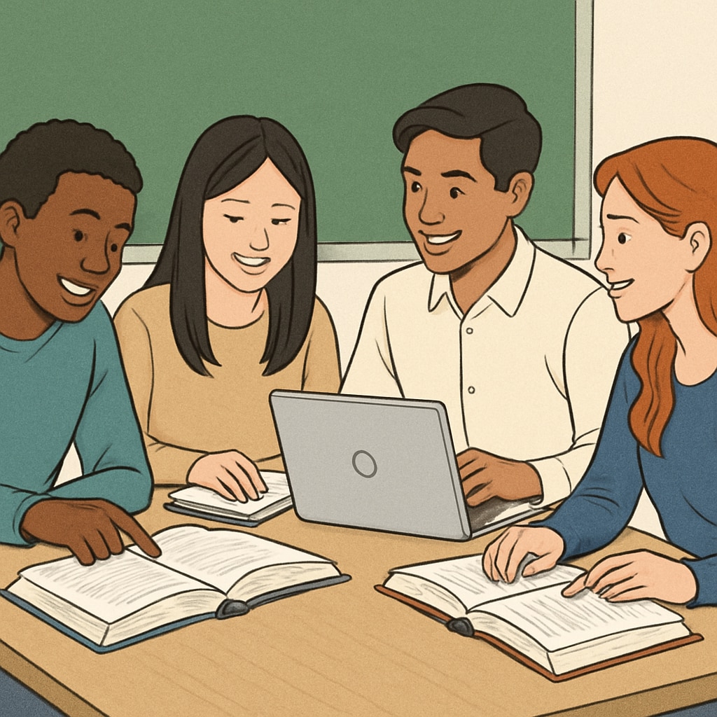 A group of diverse international students sitting together, studying with books and laptops, representing affordable education opportunities. AS-level students exploring affordable university options with books and laptops.