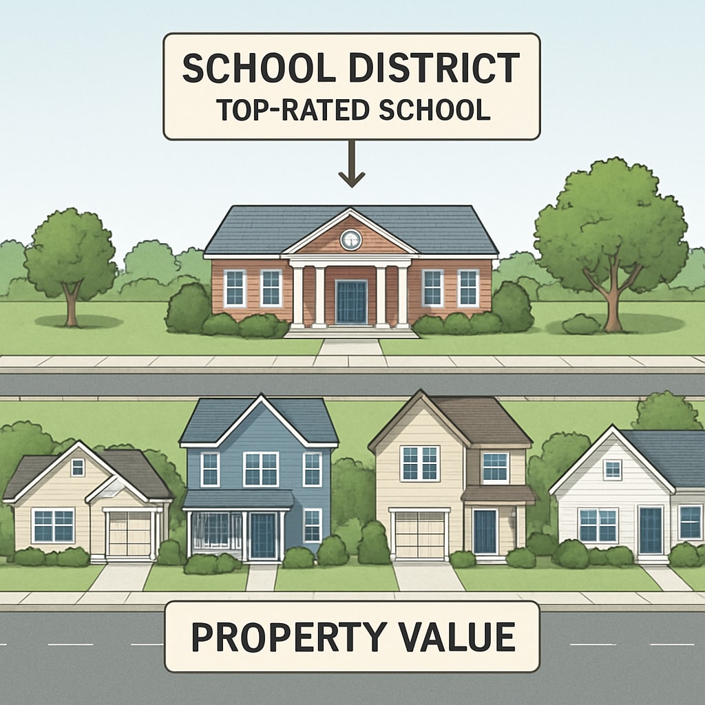 Suburban homes near a highly ranked school, emphasizing the link between education and property value.