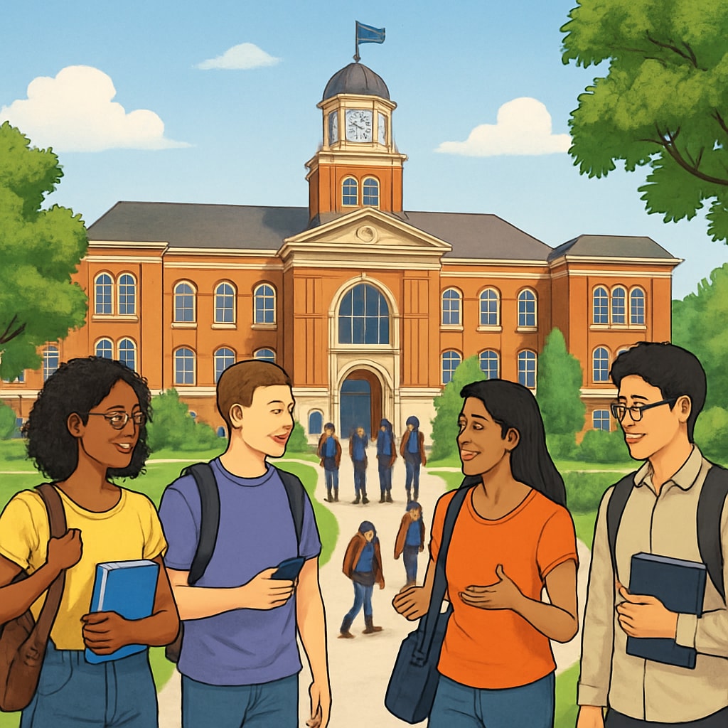 A university campus with students walking and studying, emphasizing affordable international education options. University campus representing affordable education for AS-level students.