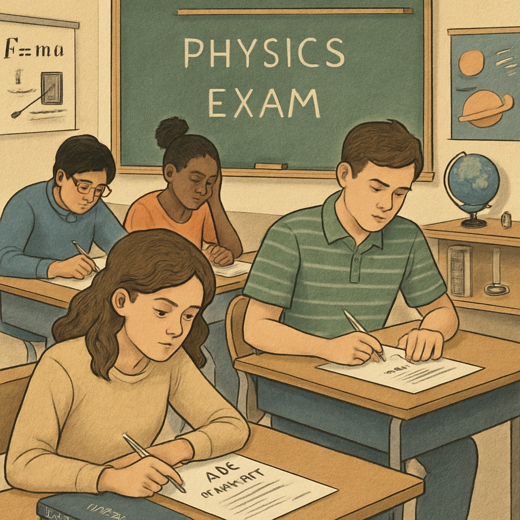 A high school classroom where students are taking an AP Physics exam, emphasizing the learning environment and the stakes involved. AP Physics exam setting in a high school classroom.