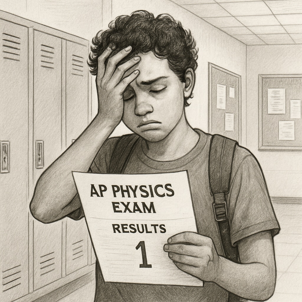 A frustrated student reviewing their AP Physics exam results in a school hallway, symbolizing the emotional impact of unfair evaluations. Student looking at AP Physics exam results with frustration.