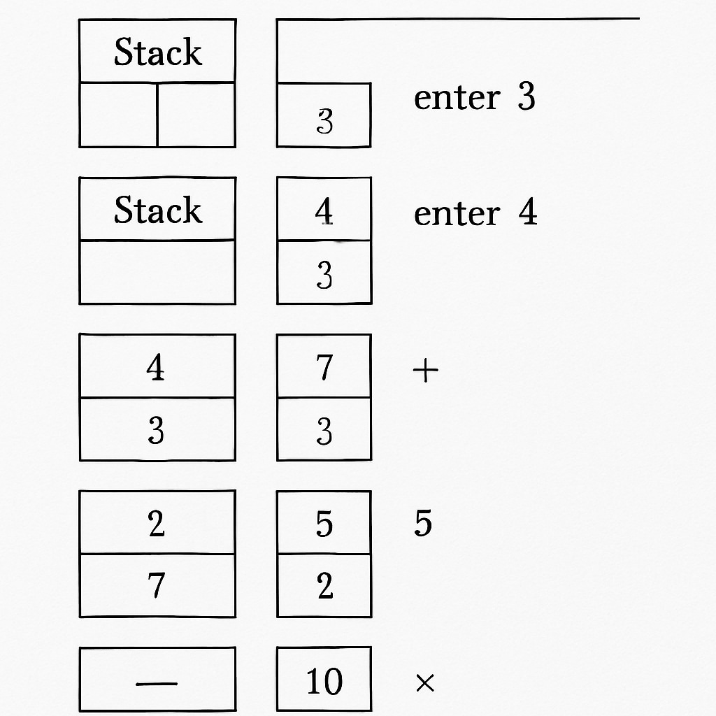 A technical illustration of Reverse Polish Notation showing stack-based calculation processes, relevant to RPN calculators and education. Diagram explaining Reverse Polish Notation and its stack-based logic for mathematical calculations.
