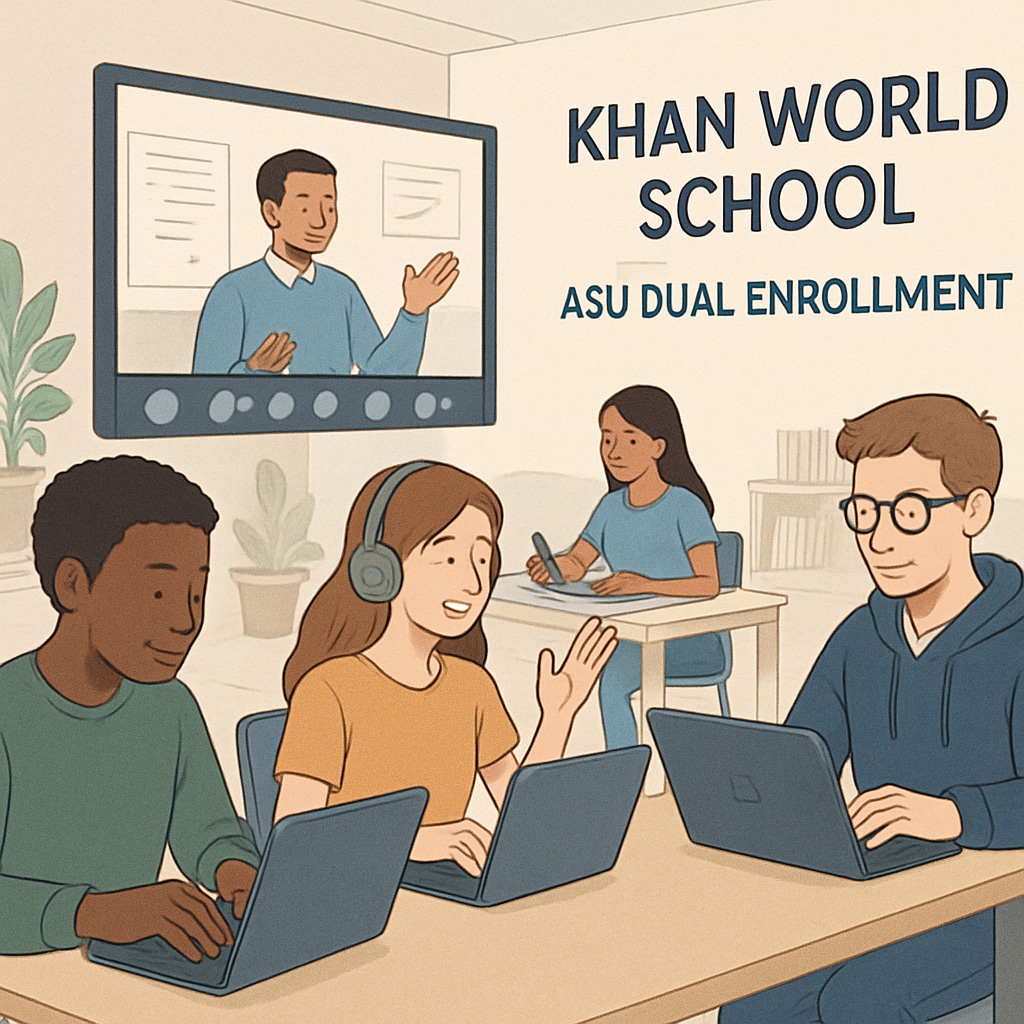A virtual classroom setting showing students engaged with laptops in an online course, representing Khan World School and ASU dual enrollment. Students participating in online classes through Khan World School and ASU dual enrollment.