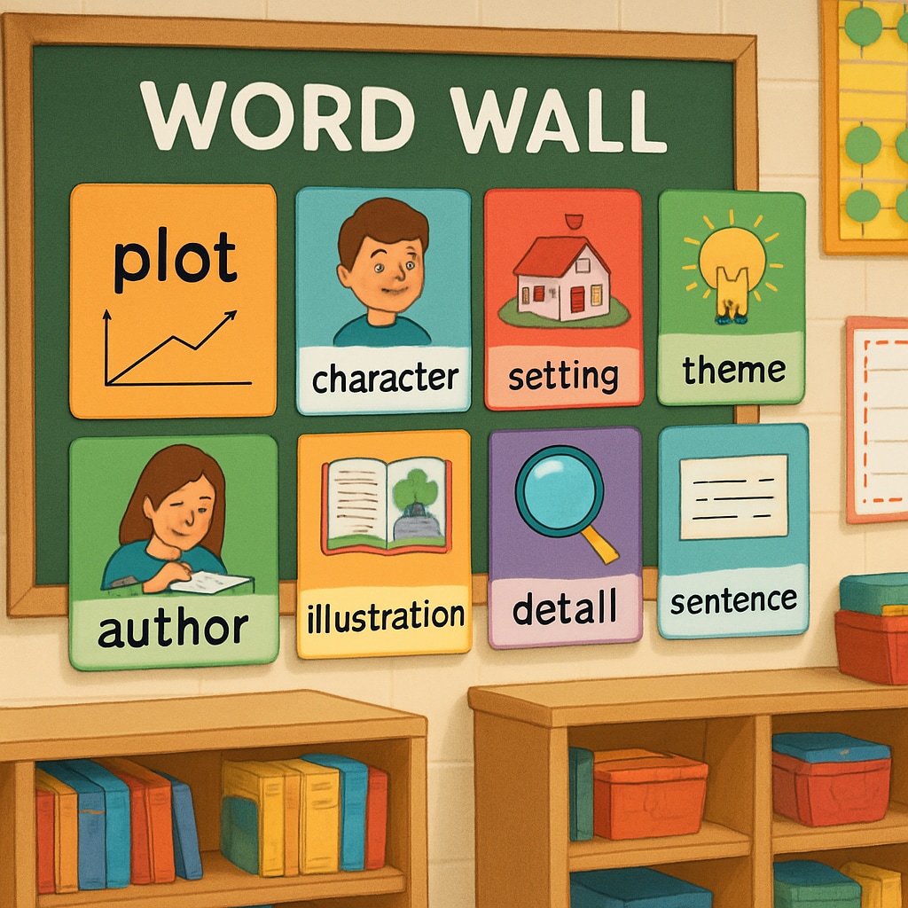 Word wall showcasing essential ELA vocabulary for fifth-grade students.