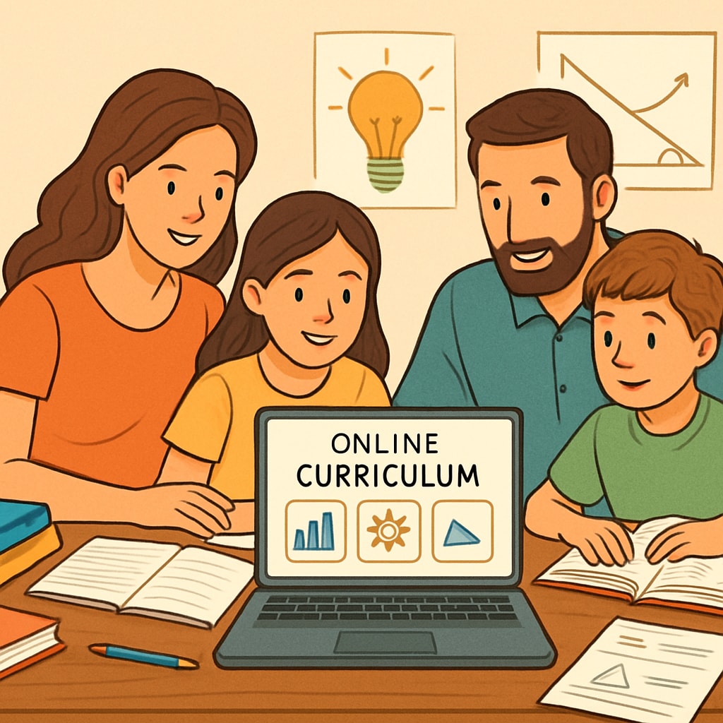 Parents and children reviewing an online curriculum together, symbolizing homeschooling families planning for advanced learning. Homeschooling families evaluating Khan World School and ASU dual enrollment programs.