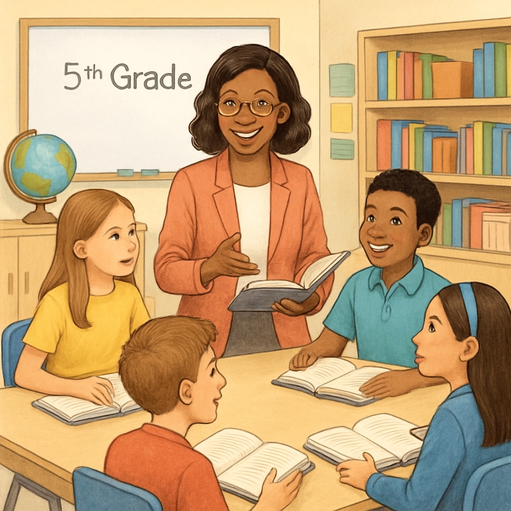Fifth-grade students participating in an interactive reading session led by a teacher.