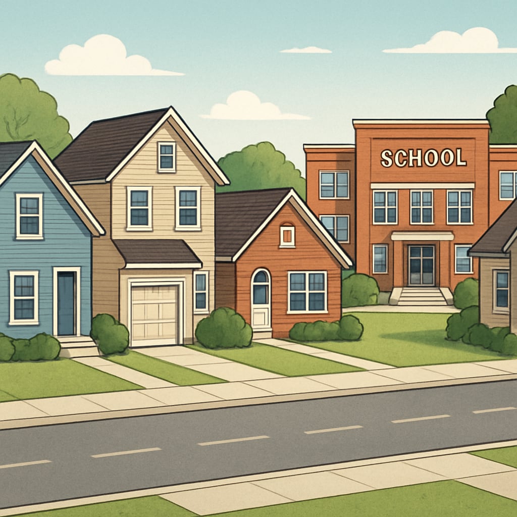 Suburban homes and a school, representing the link between school district rankings and property value.