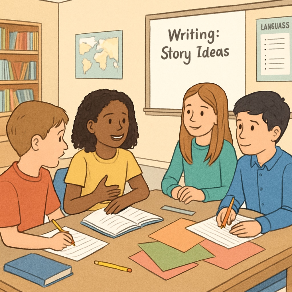 Fifth-grade students collaborating on a writing project in a classroom setting.