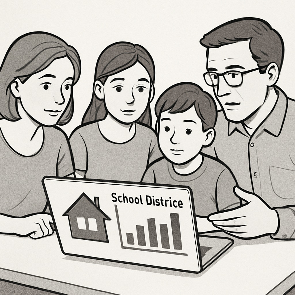Family researching housing and school districts on a laptop.