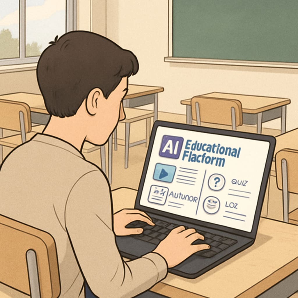A student using a laptop with an AI-powered educational platform interface visible on the screen. The image highlights the integration of AI tools in modern learning environments. Student using AI subscription services for academic assistance and GPA improvement.