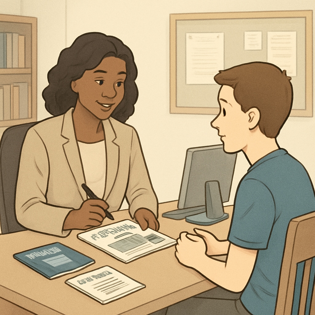 Guidance counselor helping a student with university applications.