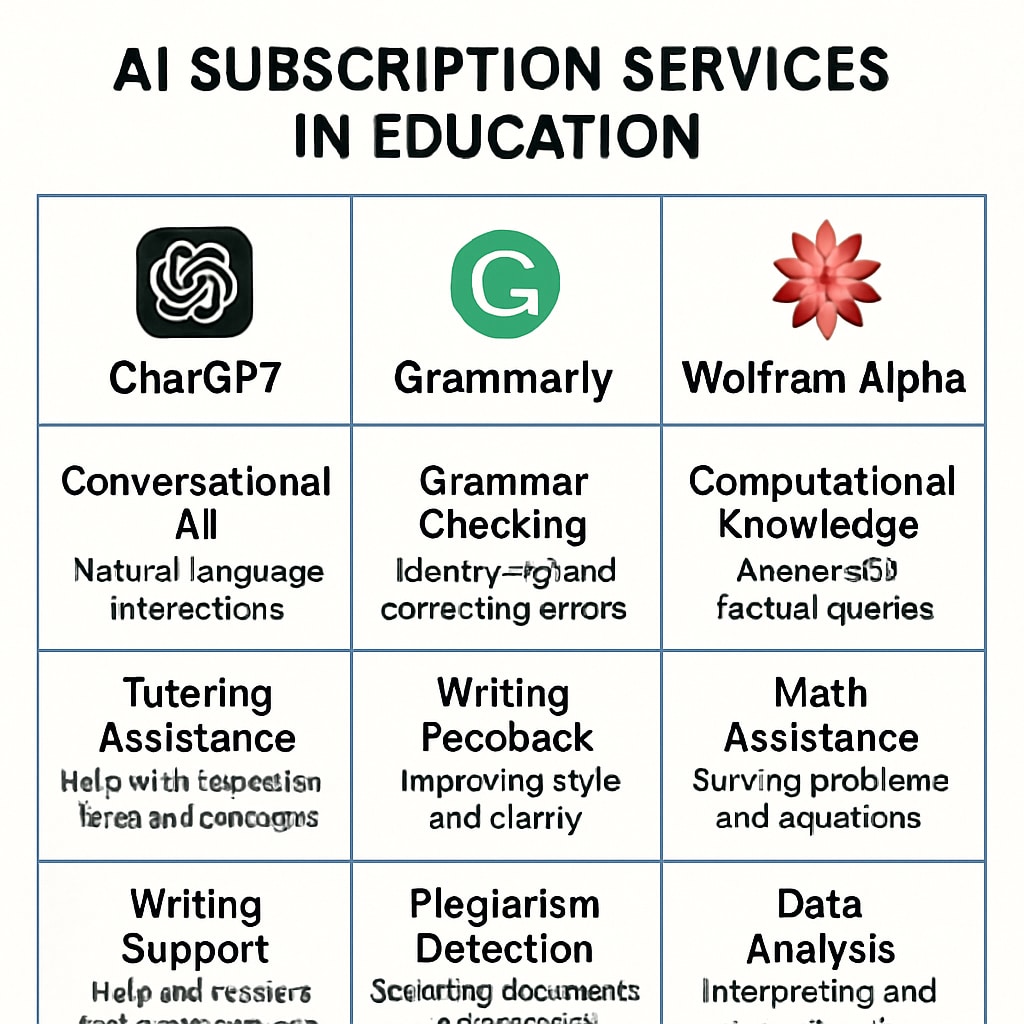 A comparison chart showing the features and benefits of different AI subscription services used in education. The chart includes tools like ChatGPT, Grammarly, and Wolfram Alpha. Comparison chart of AI tools for academic improvement.