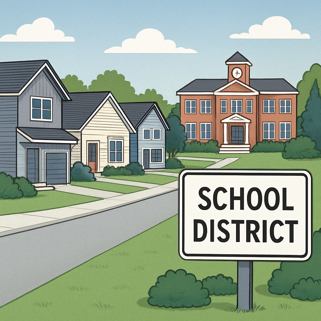 A suburban neighborhood with modern homes near a highly rated school district, showing the proximity to educational institutions. Suburban homes near top-rated school district, highlighting community appeal and education investment.