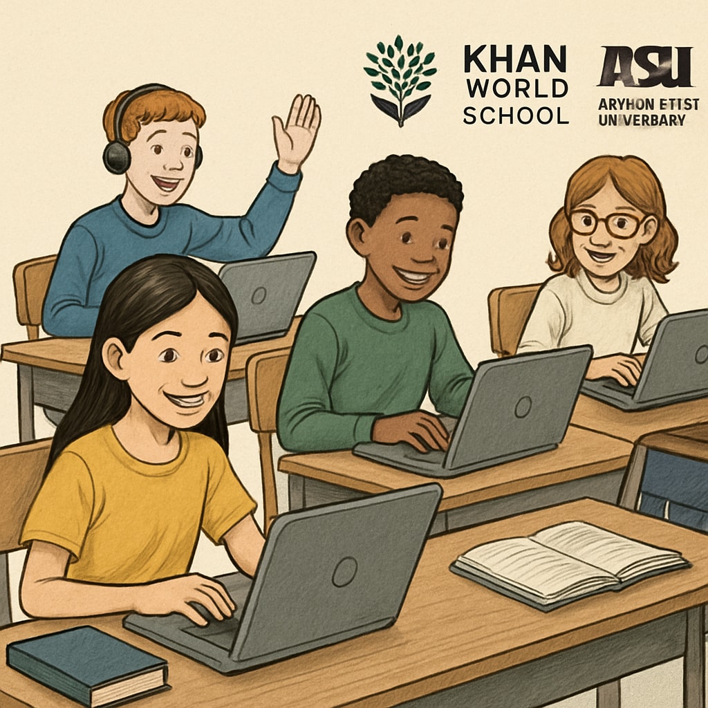 Middle school students engaging in online learning programs designed for academic excellence, reflecting the collaboration between Khan World School and ASU. Middle school students participating in the Khan World School-ASU online education program.