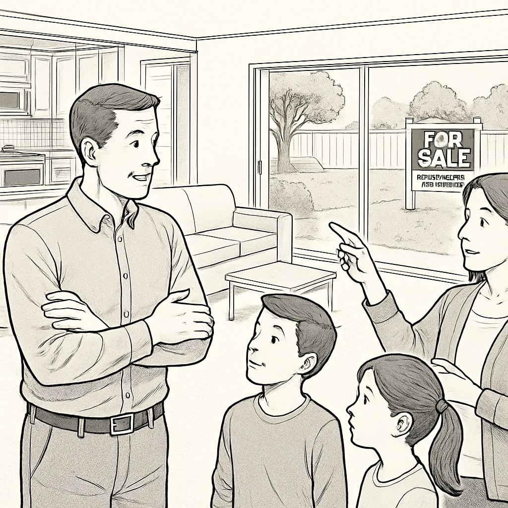 A family touring a home for sale in a top-rated school district, emphasizing the decision-making process for property investment. Family touring a home in a desirable school district, balancing education and real estate goals.