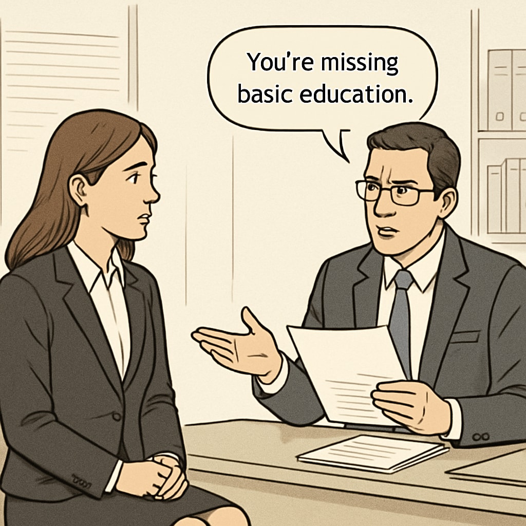 A professional setting where a job seeker with a degree is being questioned over missing basic education credentials. Job interview scenario highlighting the paradox between advanced degrees and basic diplomas.