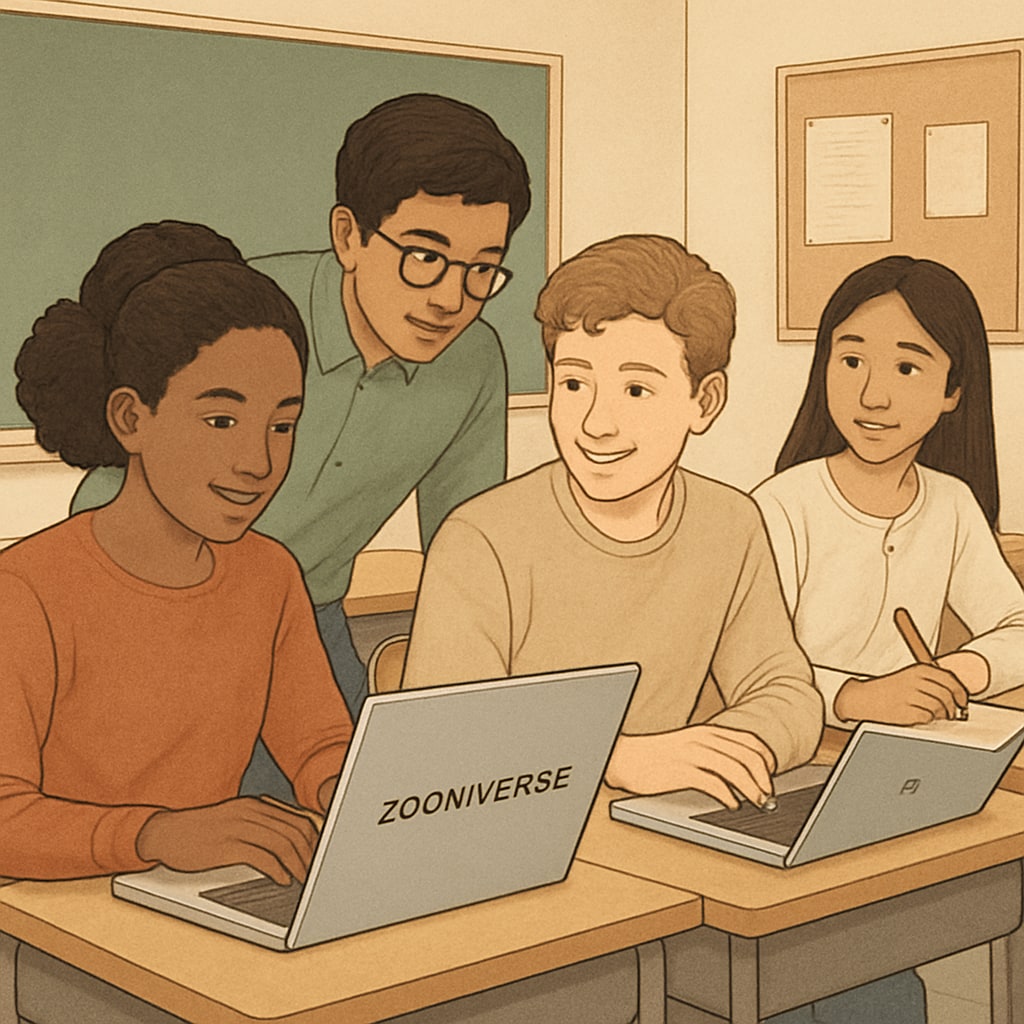 A group of diverse students working together on laptops, engaging with the Zooniverse platform in a classroom setting. Students using the Zooniverse platform in a classroom environment.