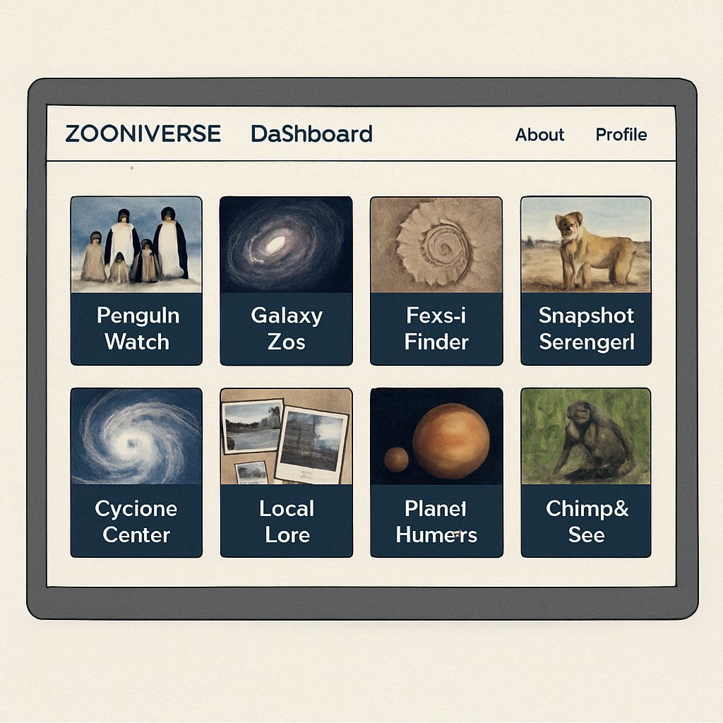 A screenshot of the Zooniverse dashboard, showcasing various citizen science projects available to users. Zooniverse platform dashboard displaying different citizen science projects.