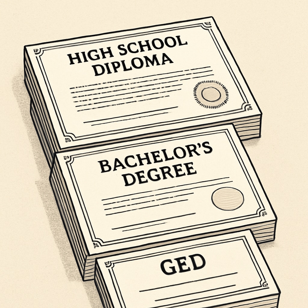 A stack of diplomas and certificates with distinct labels such as Comparison of educational qualifications emphasizing the bureaucratic paradox.