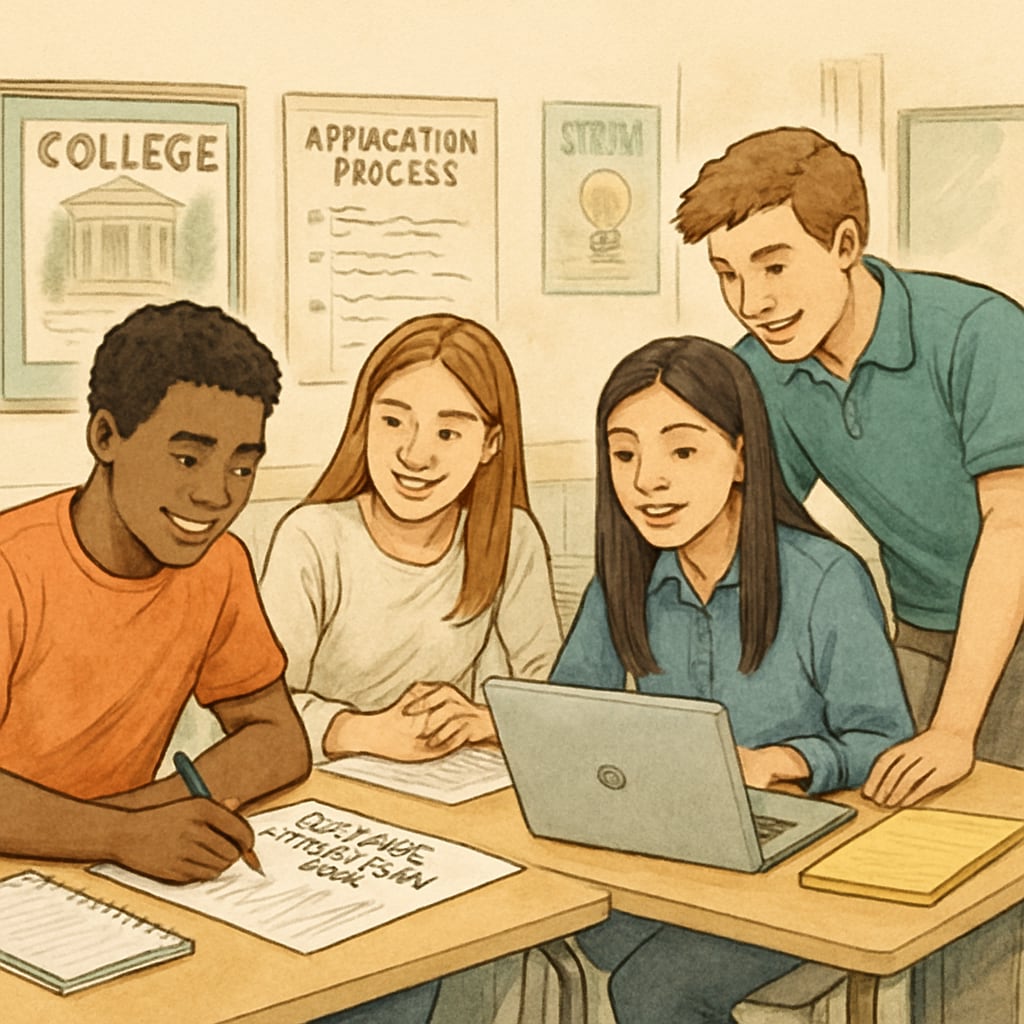 A group of high school students working on college application plans in a classroom setting. High school students discussing university application plans.