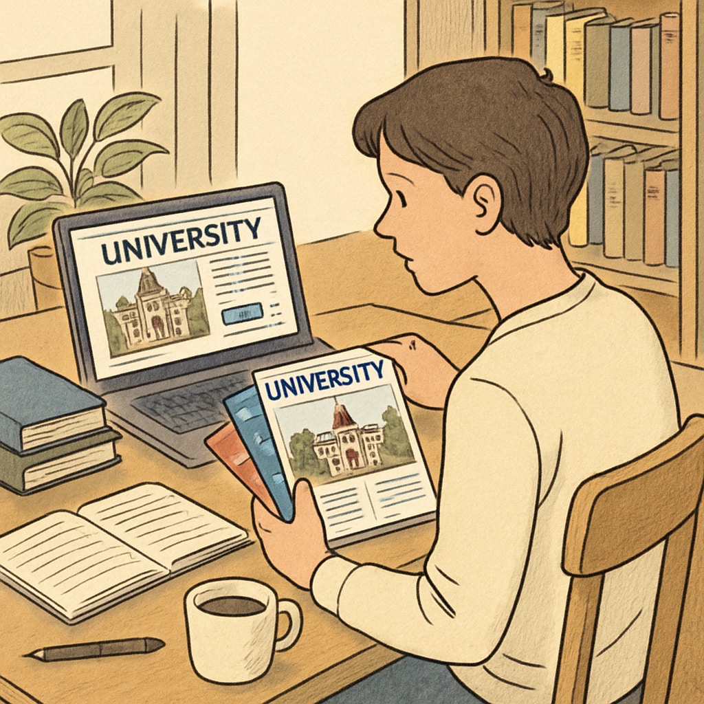 A student browsing university brochures and websites on a laptop at home. Student researching university programs online.