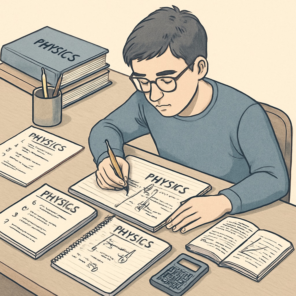 A student managing physics backlogs and exam preparation at a tidy desk.