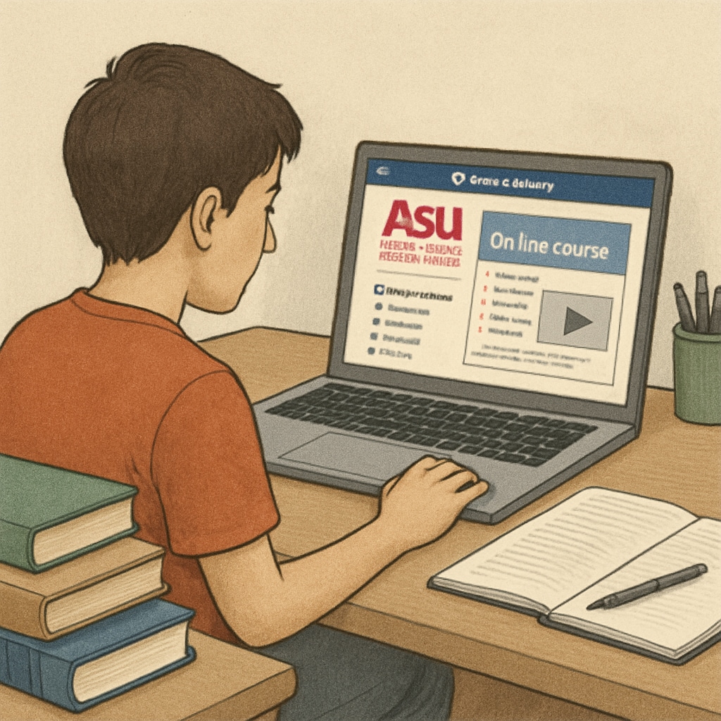 Student taking an ASU course online via the Khan Academy interface.