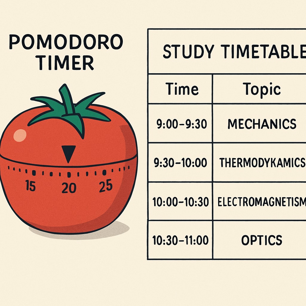 A Pomodoro timer and a detailed study schedule for physics exam preparation.