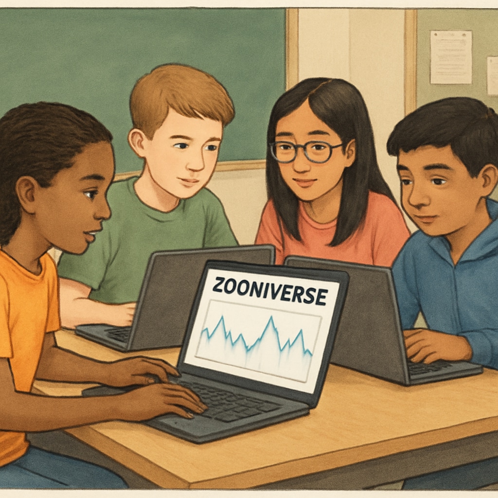 A group of diverse K12 students working on laptops, analyzing data for a Zooniverse project. K12 students exploring Zooniverse science projects on their laptops.