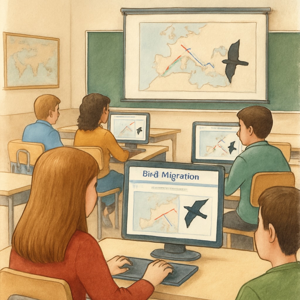 A classroom setting with students looking at bird migration data on their screens as part of a Zooniverse citizen science project. Students analyzing bird migration data for a Zooniverse project in a classroom.