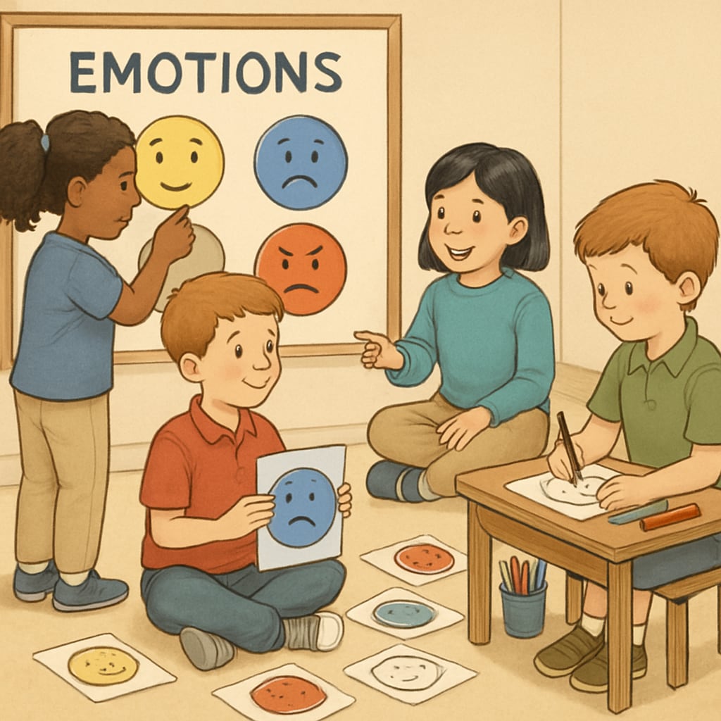Children learning emotional education in a workshop setting.