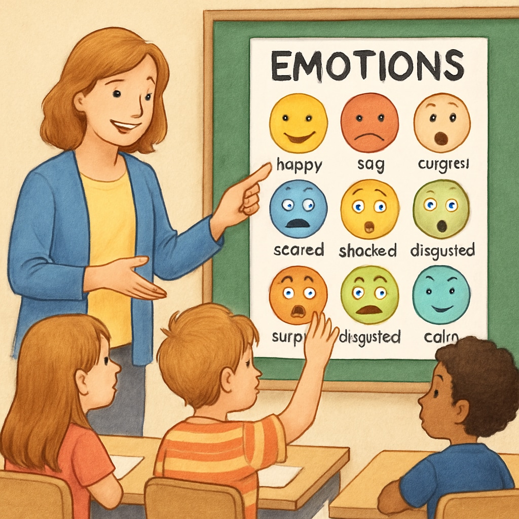 Emotional education in a classroom with a teacher and emotion chart.