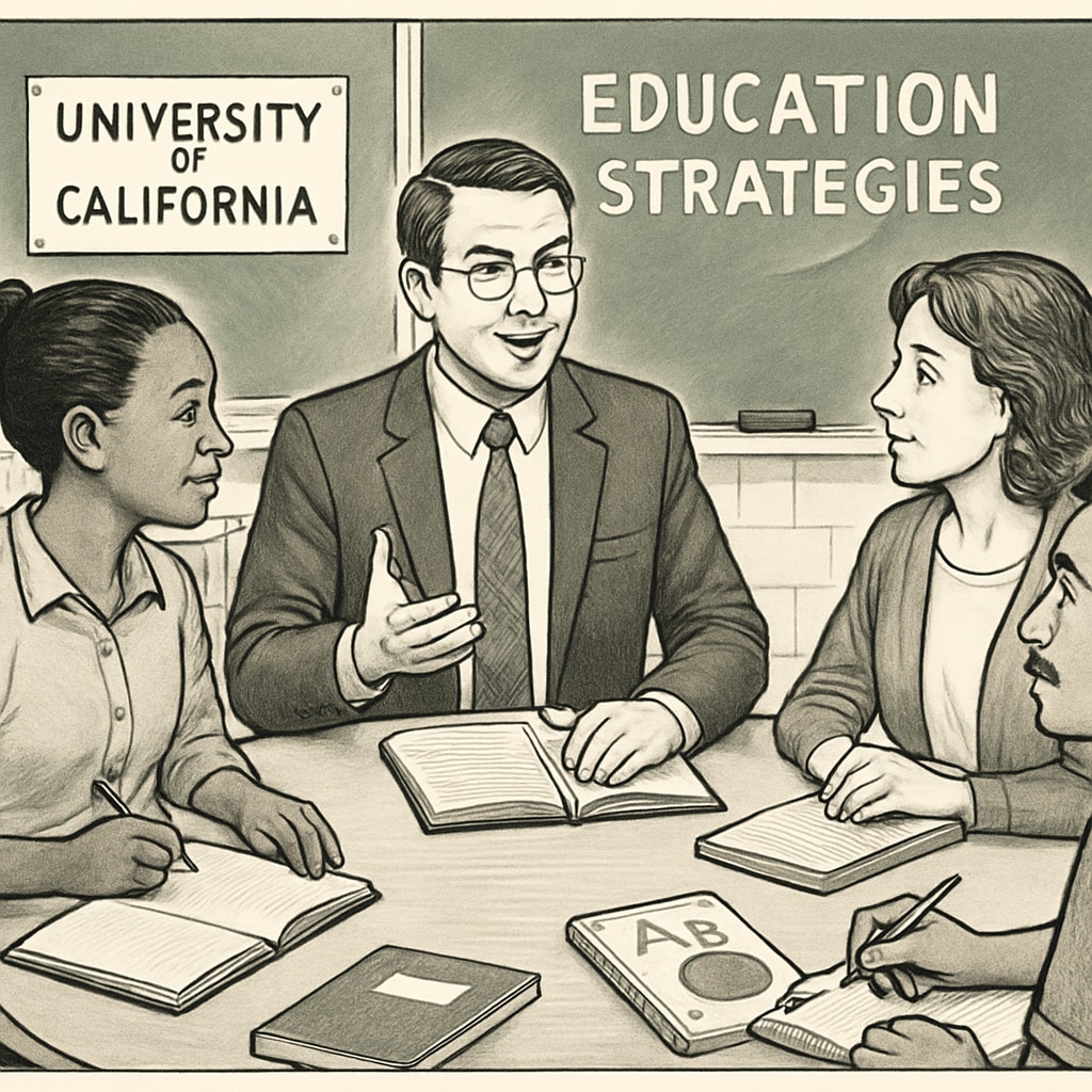 A professional consultation setting with a University of California expert meeting with K12 teachers to discuss education strategies. University of California expert consulting with K12 teachers on innovative education methods.