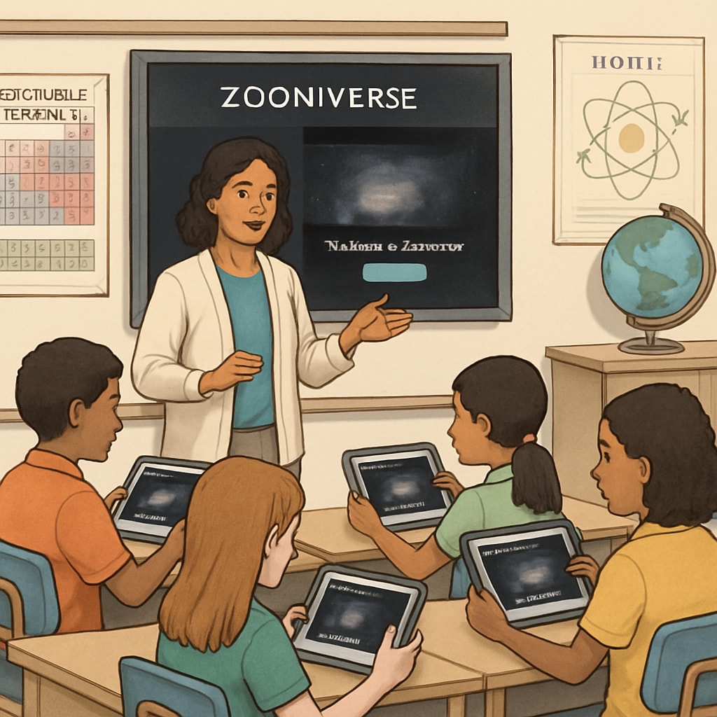 K12 students learning about citizen science on Zooniverse in a classroom setting.