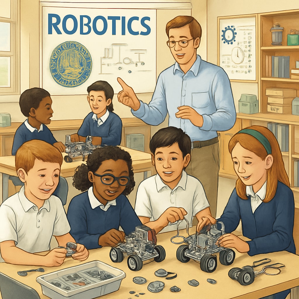 A K12 classroom where students are actively engaging with a robotics program developed in partnership with the University of California. K12 students in a robotics program supported by the University of California consultation.