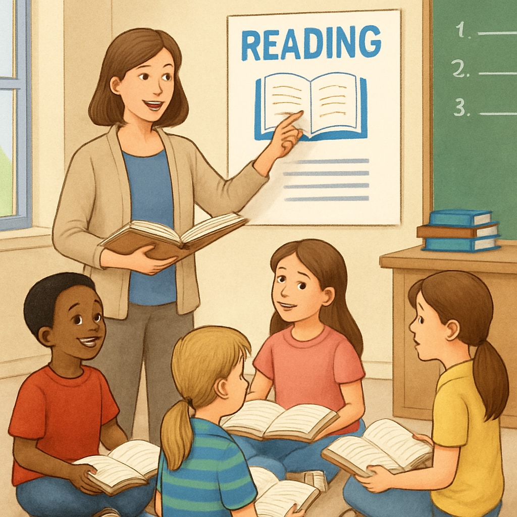 A classroom setting where children are participating in a reading activity, with a teacher guiding them using visual aids. Whole language and phonics methods in reading education classroom activity