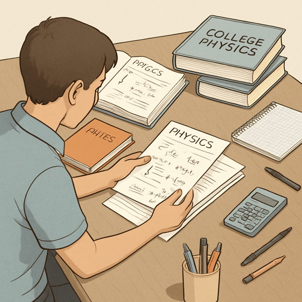 A student carefully organizing their physics notes and study materials on a desk, representing efficient study habits. Student organizing study materials for BSc Physics backlogs, time management, and exam preparation.
