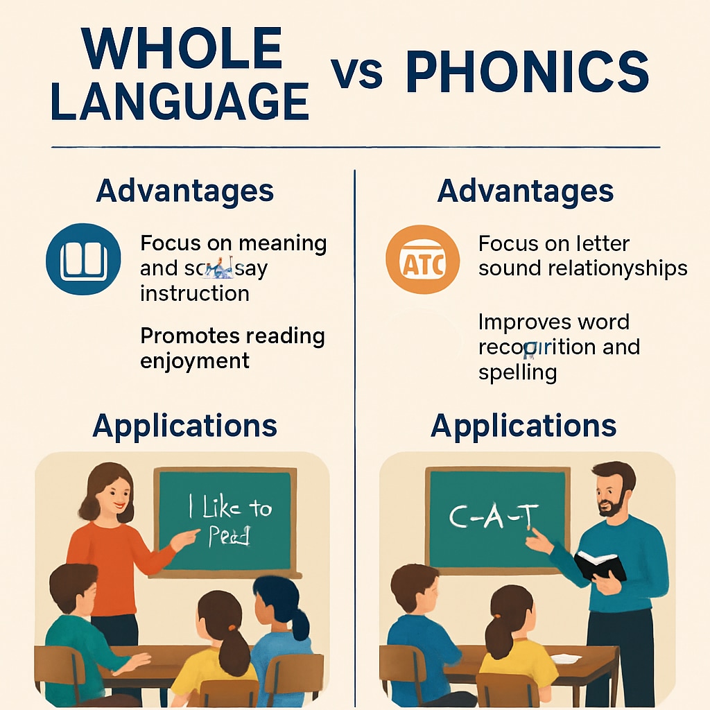 A diagram comparing whole language and phonics methods, showing their advantages and applications in classroom settings. Diagram highlighting differences between whole language and phonics methods