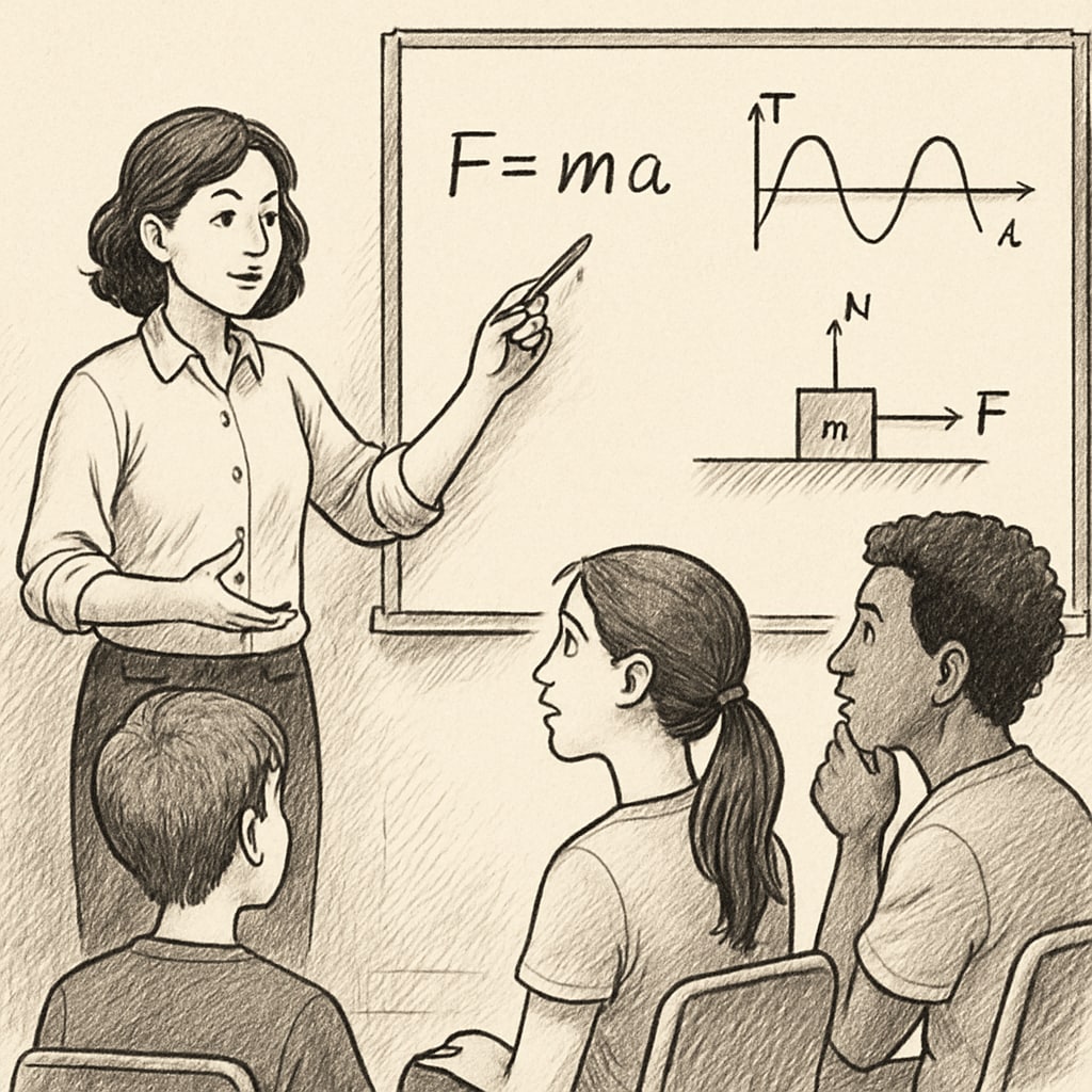 A tutor explaining physics concepts on a whiteboard to a small group of students, highlighting active learning methods. Tutor teaching physics concepts for BSc Physics backlogs and exam preparation.