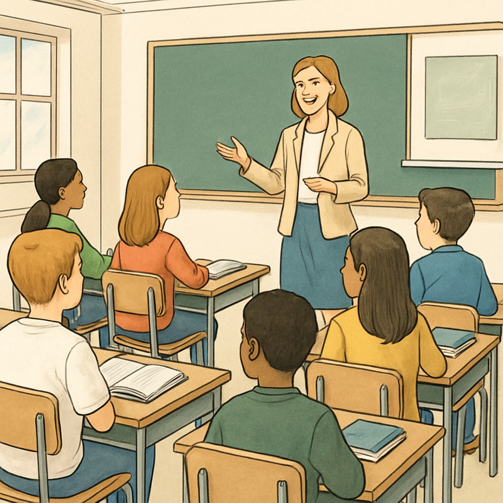 A classroom setting with students attentively listening to their teacher, highlighting an orderly learning environment. An organized classroom where students are actively engaged in learning, symbolizing the importance of maintaining order in public schools.