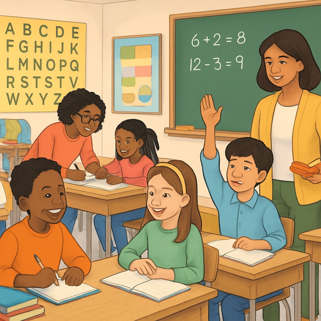 Inclusive elementary school classroom highlighting teaching environment.