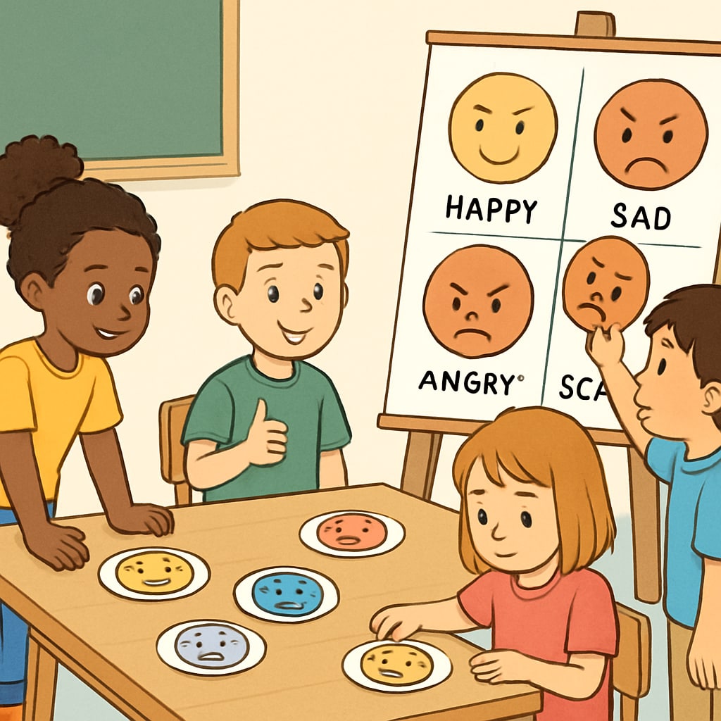 Children participating in emotional education activities, focusing on emotion recognition.